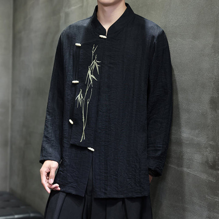 Buddha Stones秋 無地 竹の葉 刺繍 メンズ 長袖 コットン リネン シャツ - image 20