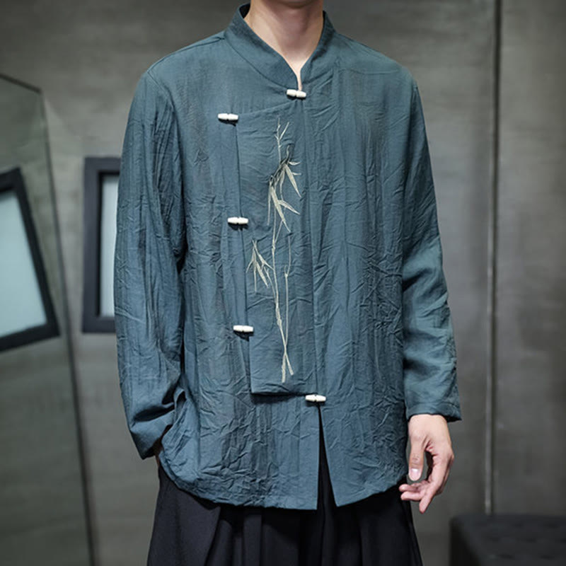 Buddha Stones秋 無地 竹の葉 刺繍 メンズ 長袖 コットン リネン シャツ - image 27