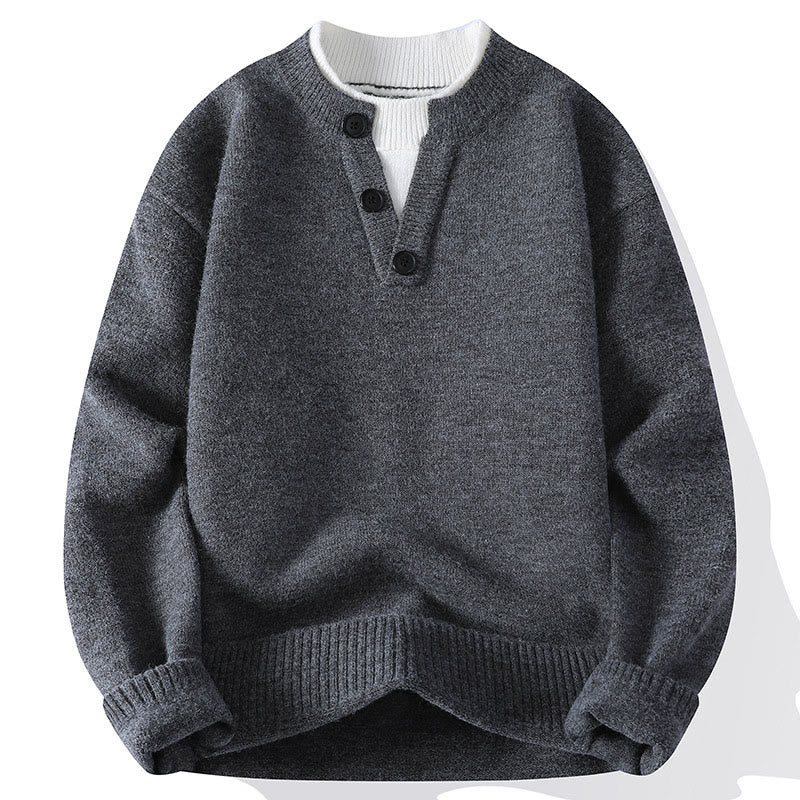 Buddha Stones冬用ボタン クルーネックデザイン 暖かいメンズ 長袖 ニットセーター - グレー - US/UK/AU44、 EU54 (4XL) - image 0