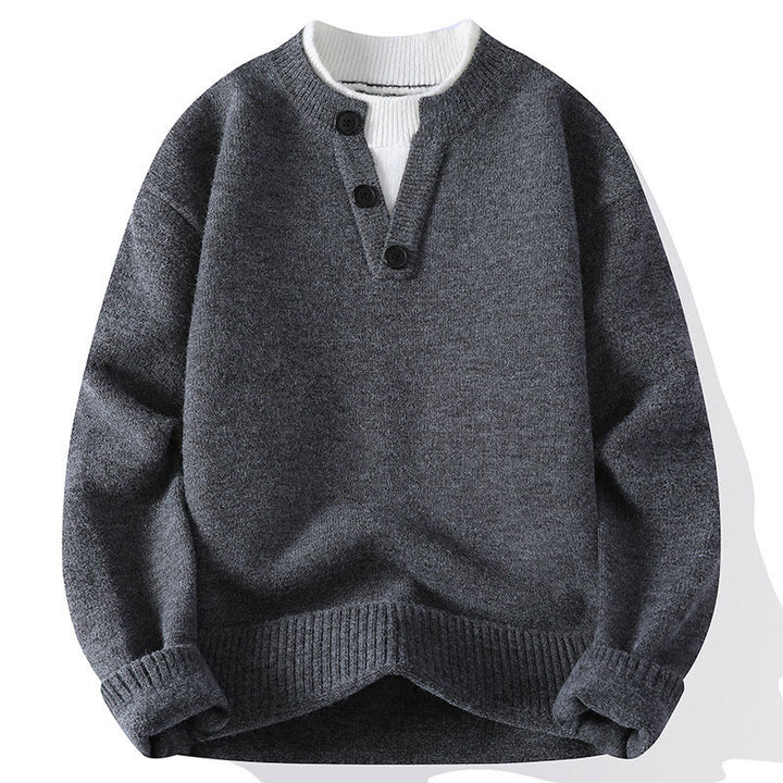 Buddha Stones冬用ボタン クルーネックデザイン 暖かいメンズ 長袖 ニットセーター - グレー - US/UK/AU44、 EU54 (4XL) - image 0
