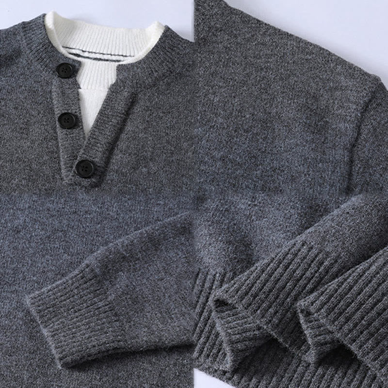 Buddha Stones冬用ボタン クルーネックデザイン 暖かいメンズ 長袖 ニットセーター - image 4