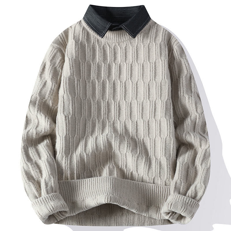 Buddha Stones冬用 ブラック スタンドカラー ラインデザイン 暖かい メンズ 長袖 ニットセーター - リネン - US/UK/AU44、 EU54 (4XL) - image 0