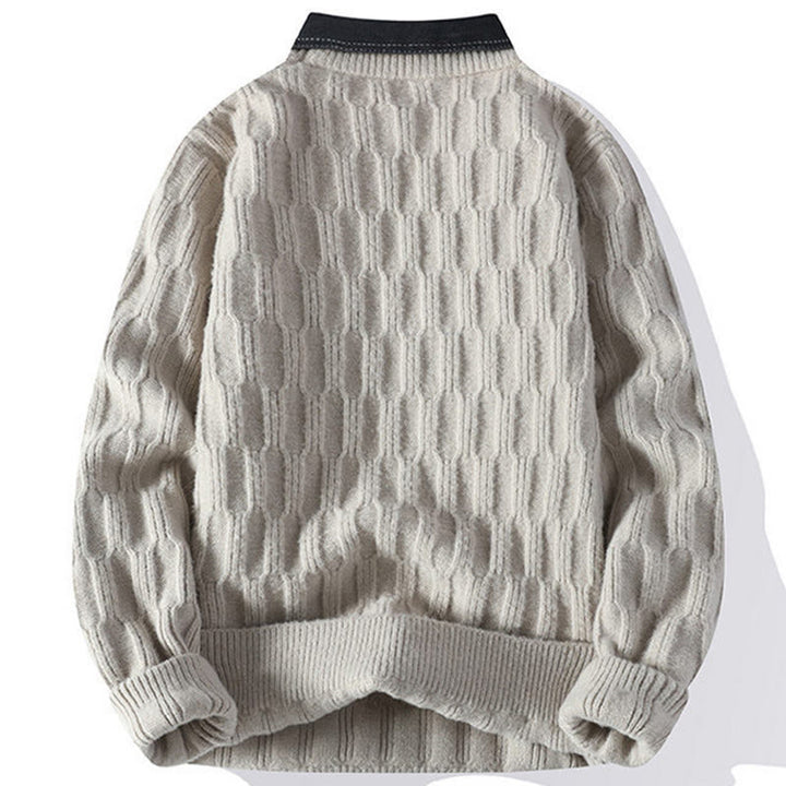 Buddha Stones冬用 ブラック スタンドカラー ラインデザイン 暖かい メンズ 長袖 ニットセーター - image 1