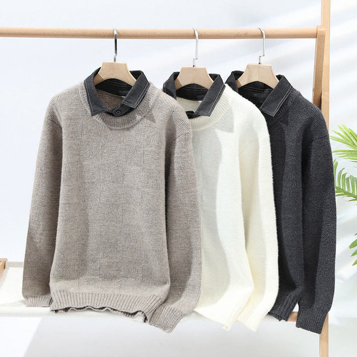 Buddha Stones冬用 ブラック スタンドカラー チェック柄 暖かい メンズ 長袖 ニットセーター - image 6