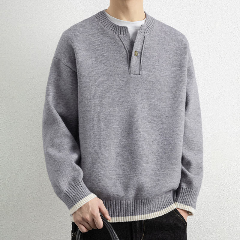 Buddha Stones冬用 Vネック ワンボタンデザイン 暖かい メンズ 長袖 ニットセーター - ライトグレー - US/UK/AU44、 EU54 (4XL) - image 0