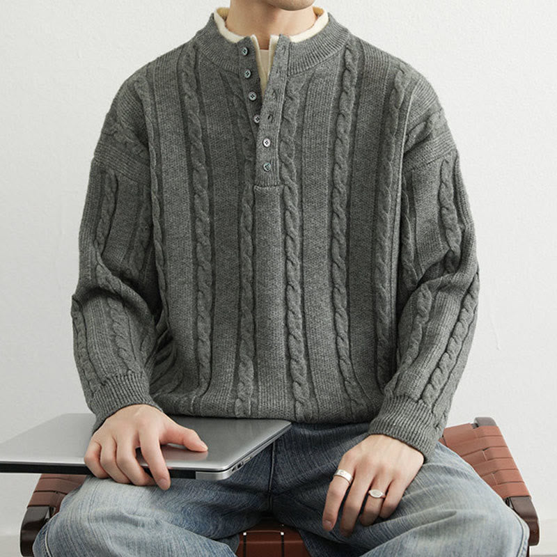 Buddha Stones冬用 Vネック ボタン ツイストデザイン 暖かい メンズ 長袖 ニットセーター - image 11