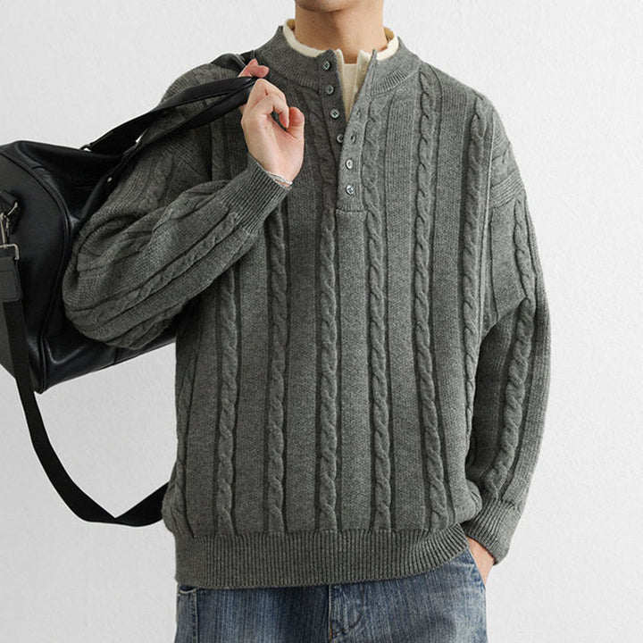Buddha Stones冬用 Vネック ボタン ツイストデザイン 暖かい メンズ 長袖 ニットセーター - image 10