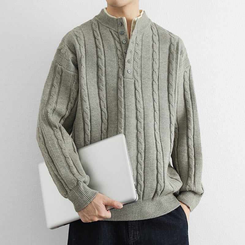 Buddha Stones冬用 Vネック ボタン ツイストデザイン 暖かい メンズ 長袖 ニットセーター - image 15