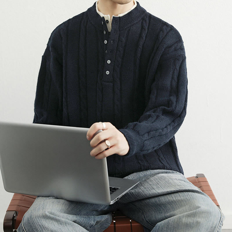 Buddha Stones冬用 Vネック ボタン ツイストデザイン 暖かい メンズ 長袖 ニットセーター - image 5