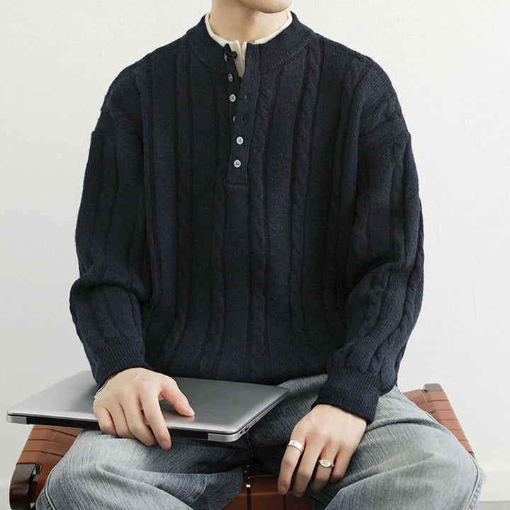 Buddha Stones冬用 Vネック ボタン ツイストデザイン 暖かい メンズ 長袖 ニットセーター - image 4