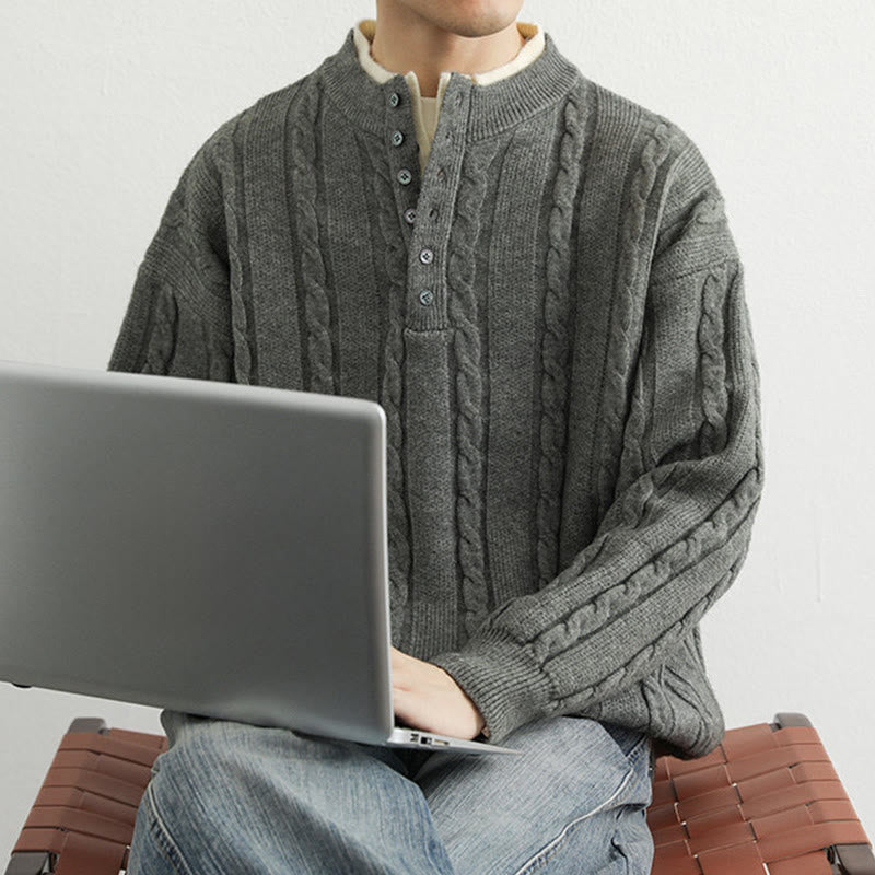 Buddha Stones冬用 Vネック ボタン ツイストデザイン 暖かい メンズ 長袖 ニットセーター - image 12
