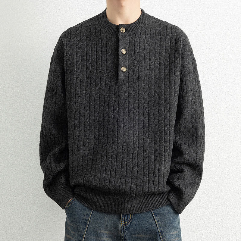 Buddha Stones冬用クルーネック 3つボタン ツイストデザイン 暖かい メンズ 長袖 ニットセーター - 黒 - US/UK/AU42、 EU52 (3XL) - image 14