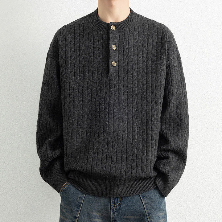 Buddha Stones冬用クルーネック 3つボタン ツイストデザイン 暖かい メンズ 長袖 ニットセーター - 黒 - US/UK/AU42、 EU52 (3XL) - image 14
