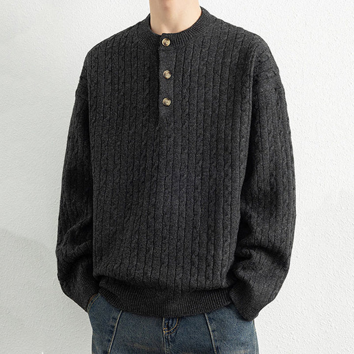 Buddha Stones冬用クルーネック 3つボタン ツイストデザイン 暖かい メンズ 長袖 ニットセーター - image 16