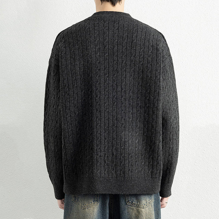 Buddha Stones冬用クルーネック 3つボタン ツイストデザイン 暖かい メンズ 長袖 ニットセーター - image 17