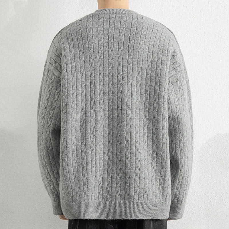 Buddha Stones冬用クルーネック 3つボタン ツイストデザイン 暖かい メンズ 長袖 ニットセーター - image 12