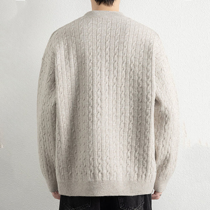 Buddha Stones冬用クルーネック 3つボタン ツイストデザイン 暖かい メンズ 長袖 ニットセーター - image 2