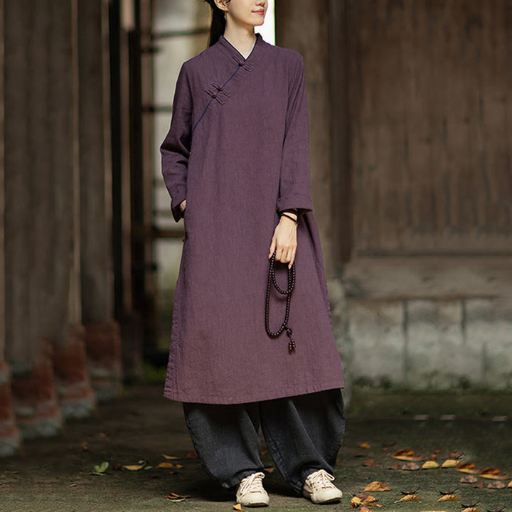 Buddha Stones無地フロッグボタン 長袖 ラミーリネン ミディドレス チャイナドレス ポケット付き - image 19
