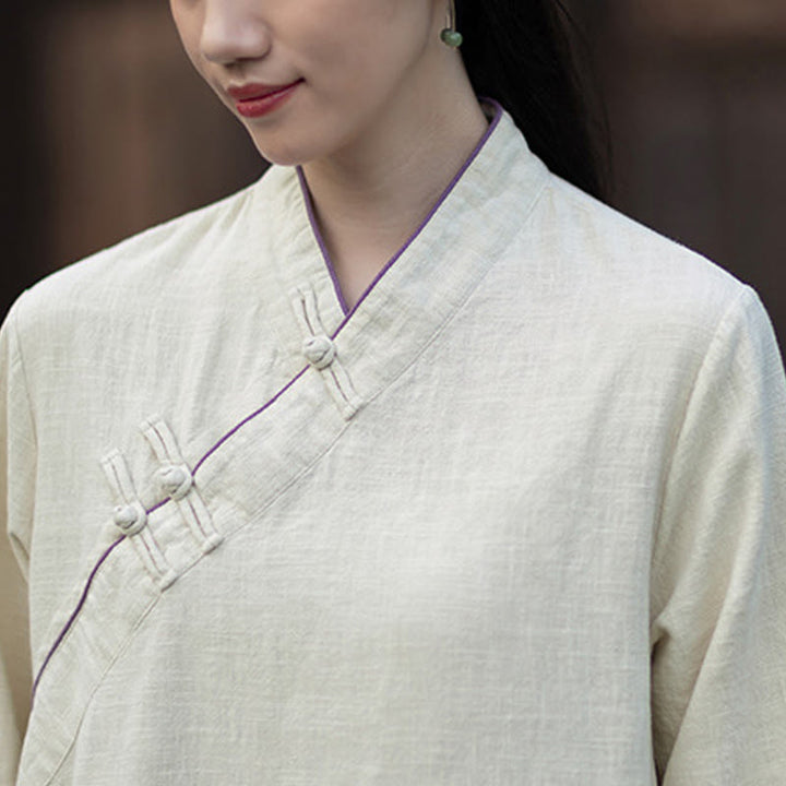 Buddha Stones無地フロッグボタン 長袖 ラミーリネン ミディドレス チャイナドレス ポケット付き - image 14