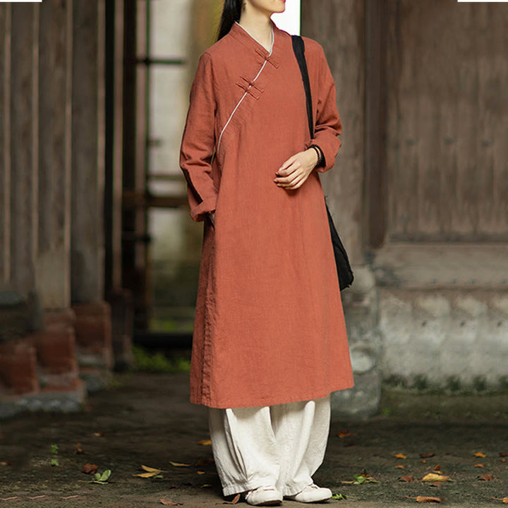 Buddha Stones無地フロッグボタン 長袖 ラミーリネン ミディドレス チャイナドレス ポケット付き - image 5