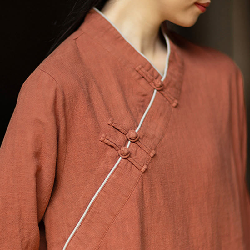 Buddha Stones無地フロッグボタン 長袖 ラミーリネン ミディドレス チャイナドレス ポケット付き - image 6