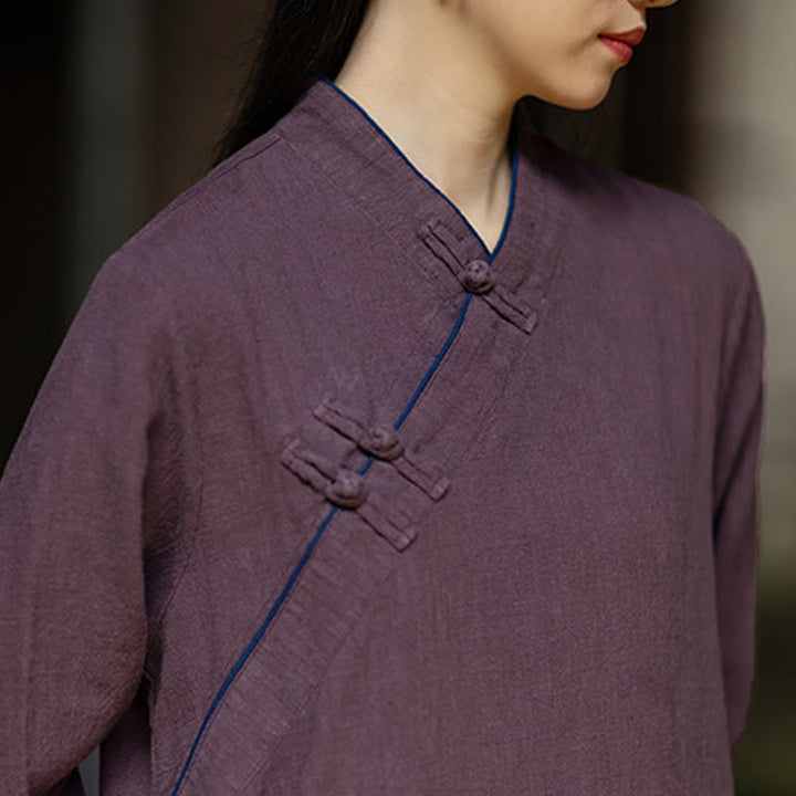 Buddha Stones無地フロッグボタン 長袖 ラミーリネン ミディドレス チャイナドレス ポケット付き - image 21