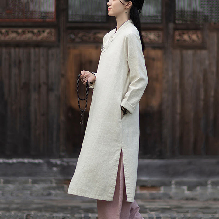 Buddha Stones無地フロッグボタン 長袖 ラミーリネン ミディドレス チャイナドレス ポケット付き - image 13