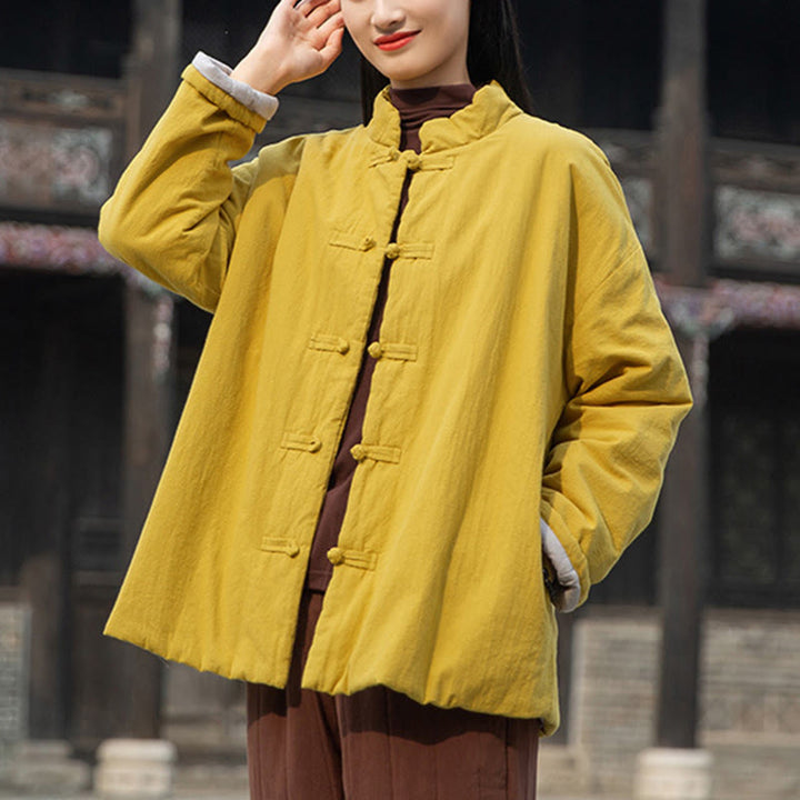 Buddha Stones冬用 無地 フロッグボタン 長袖 コットン レディース サーマルジャケット ポケット付き - 金 - US4-6、 UK/AU8-10、 EU36-38 (F) - image 0