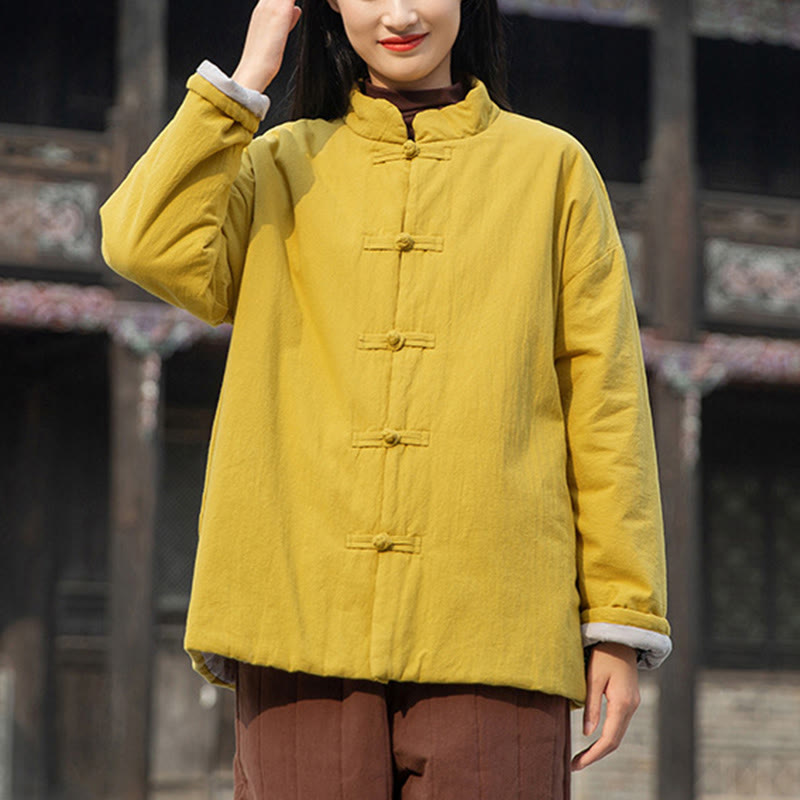 Buddha Stones冬用 無地 フロッグボタン 長袖 コットン レディース サーマルジャケット ポケット付き - image 1