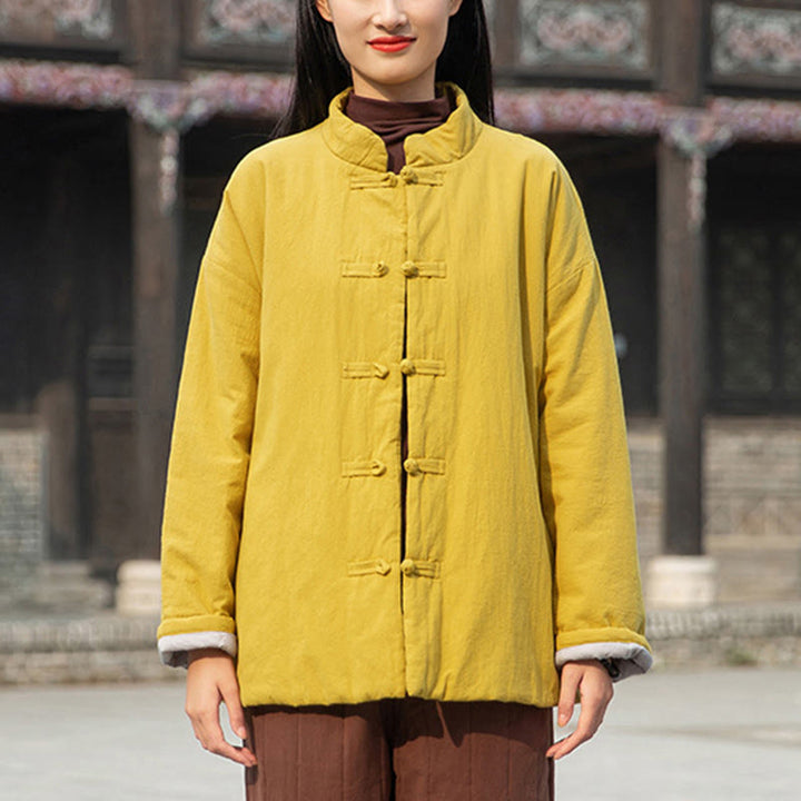 Buddha Stones冬用 無地 フロッグボタン 長袖 コットン レディース サーマルジャケット ポケット付き - image 2