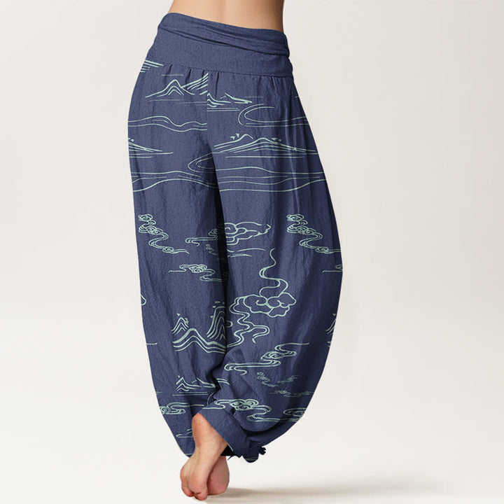 Buddha Stonesコットン山月吉兆雲柄レディース伸縮性ウエストハーレムパンツ - image 6
