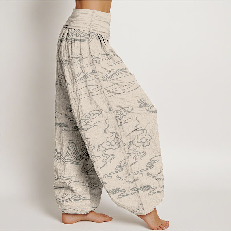 Buddha Stonesコットン山月吉兆雲柄レディース伸縮性ウエストハーレムパンツ - image 8
