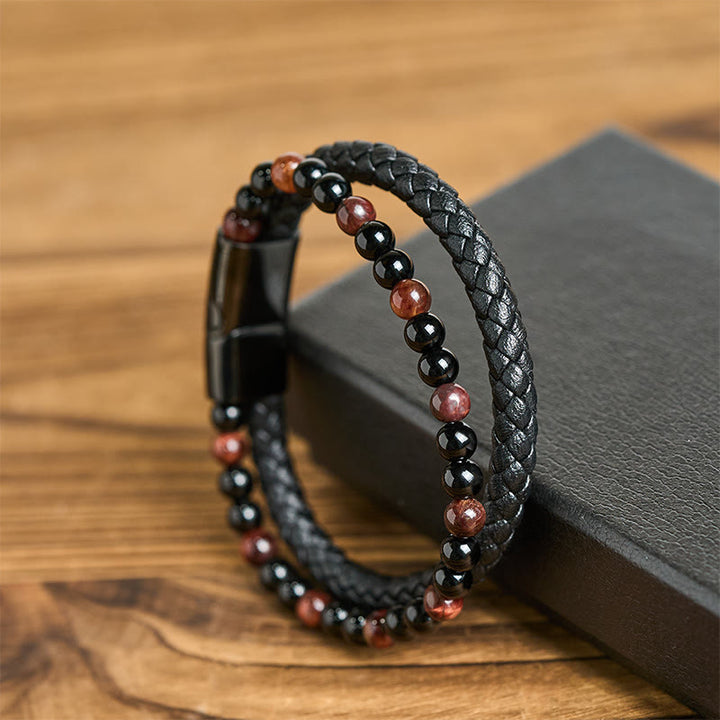 Buddha Stonesブラックオニキス タイガーアイ チタンスチール レザー守護ブレスレット - image 3