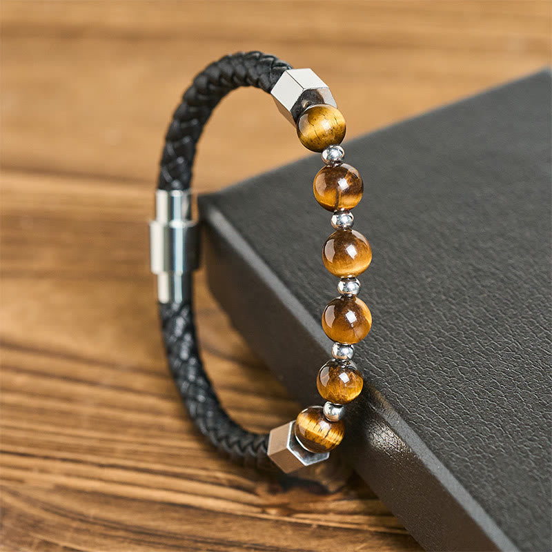 Buddha Stonesタイガーアイ チタンスチール 勇気 バランス レザーブレスレット - image 1