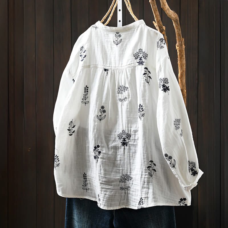 Buddha Stones柄刺繍 ボタンダウン 長袖 レディース コットンシャツ - image 1