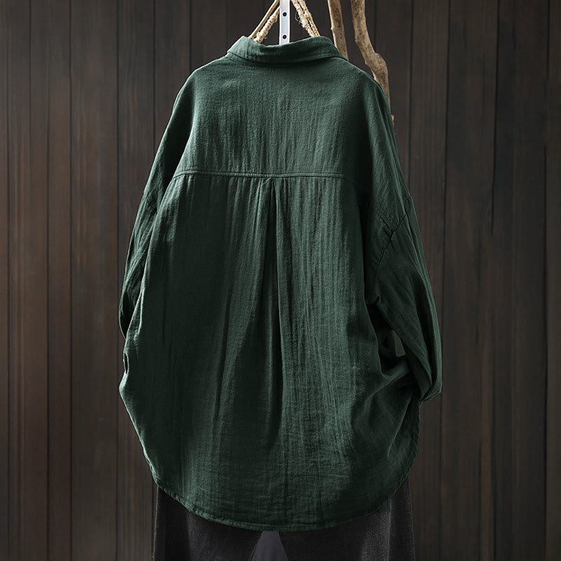 Buddha Stones秋 コントラストポケット ボタンダウン ロングスリーブ レディース コットンシャツ - image 1