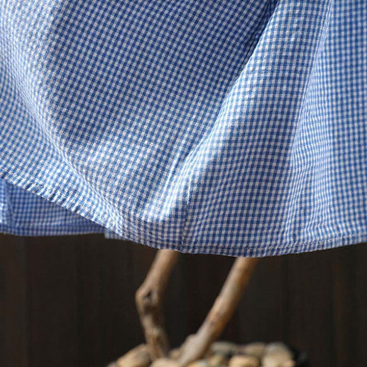 Buddha Stones春の小さめチェック柄ボタンダウンロングスリーブレディースコットンシャツ - image 9