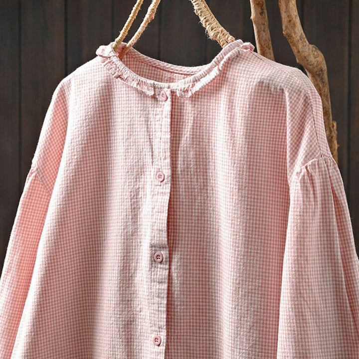 Buddha Stones春の小さめチェック柄ボタンダウンロングスリーブレディースコットンシャツ - image 12