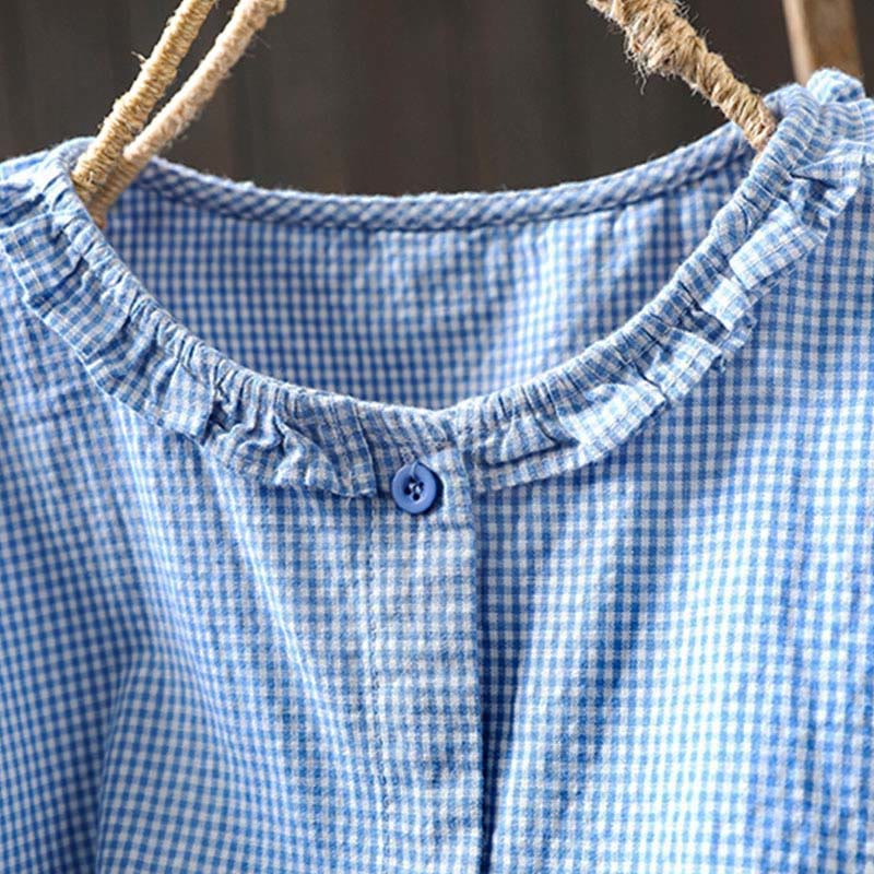 Buddha Stones春の小さめチェック柄ボタンダウンロングスリーブレディースコットンシャツ - image 4