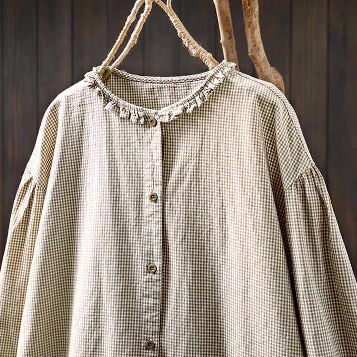 Buddha Stones春の小さめチェック柄ボタンダウンロングスリーブレディースコットンシャツ - image 14