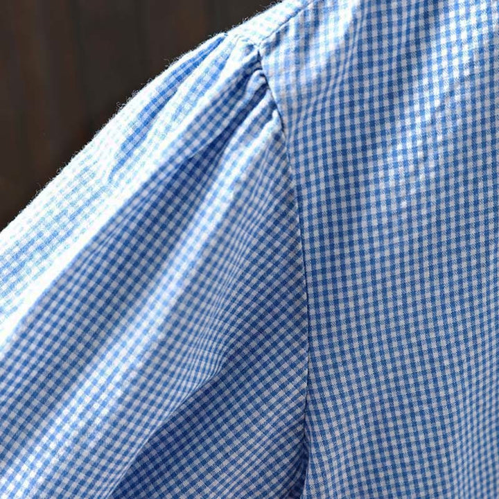 Buddha Stones春の小さめチェック柄ボタンダウンロングスリーブレディースコットンシャツ - image 7