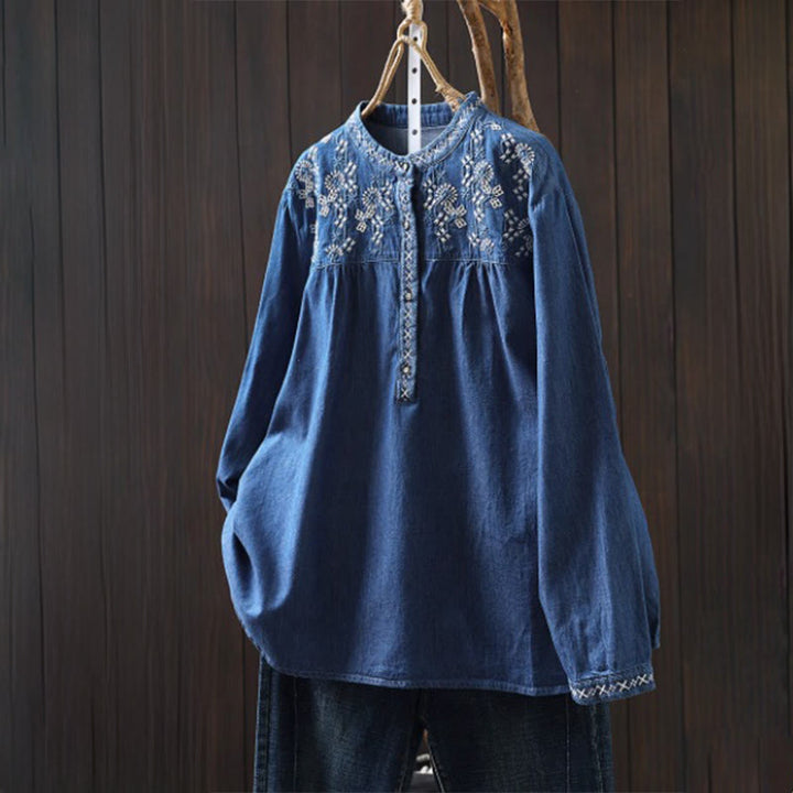 Buddha Stones幾何学模様花刺繍コットンデニムハーフボタン長袖レディースシャツ - ロイヤルブルー - US4-6、 UK/AU8-10、 EU36-38 (F) - image 17