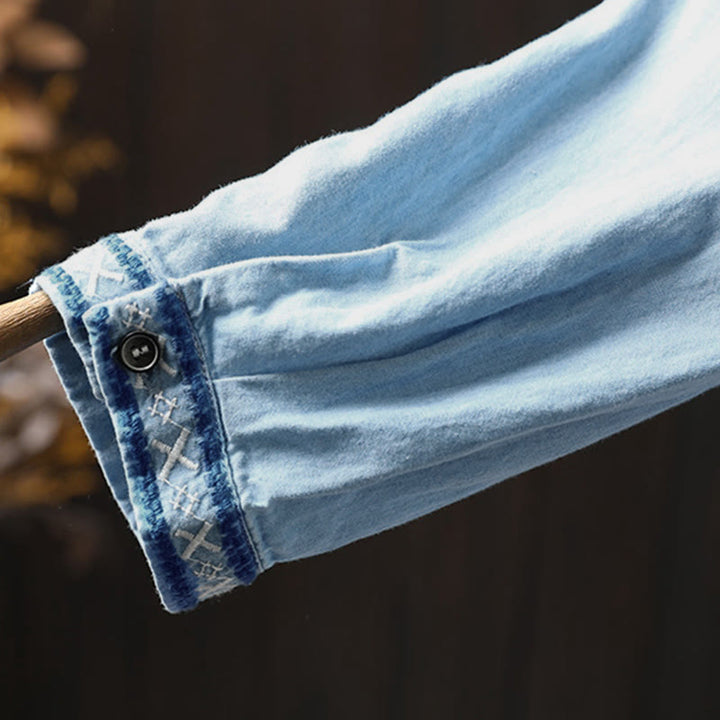 Buddha Stones幾何学模様花刺繍コットンデニムハーフボタン長袖レディースシャツ - image 10