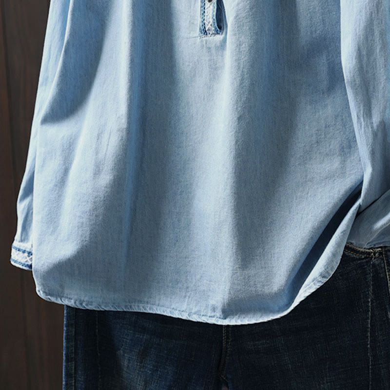 Buddha Stones幾何学模様花刺繍コットンデニムハーフボタン長袖レディースシャツ - image 12