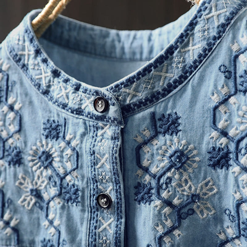 Buddha Stones幾何学模様花刺繍コットンデニムハーフボタン長袖レディースシャツ - image 5