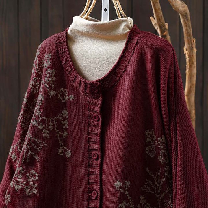 Buddha Stonesフローラルボタンコットンレディースロングバットウィングスリーブニットカーディガン - image 1