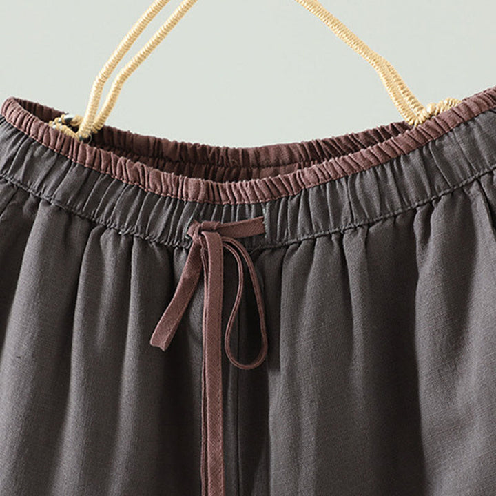 Buddha Stones冬用 コントラストドローストリング コットンリネン レディース ワイドレッグパンツ ポケット付き - image 18