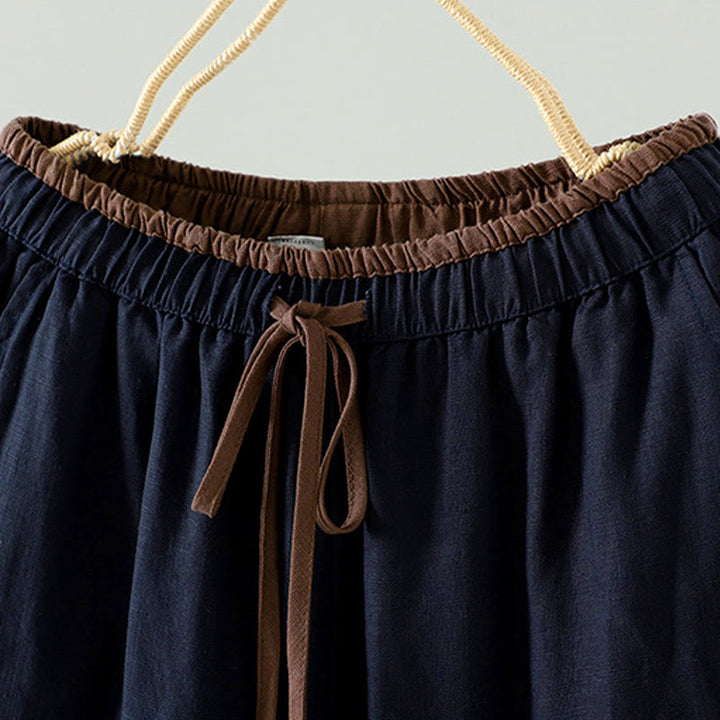 Buddha Stones冬用 コントラストドローストリング コットンリネン レディース ワイドレッグパンツ ポケット付き - image 2