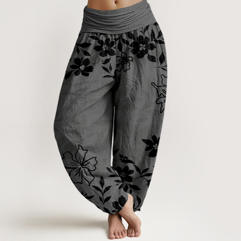 Buddha Stonesコットン レトロ シンプル 花 葉柄 レディース 伸縮性ウエスト ハーレムパンツ - 薄暗い灰色 - US16、 UK/AU20、 EU48 (3XL) - image 5