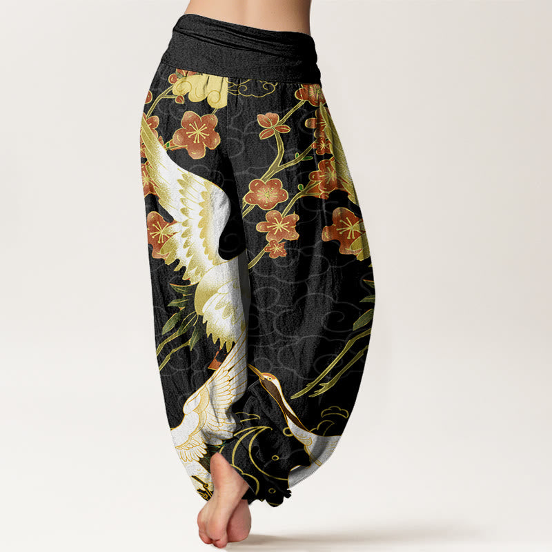 Buddha Stones純綿 鶴 花 縁起の良い雲柄 レディース ウエストゴム ハーレムパンツ - image 1